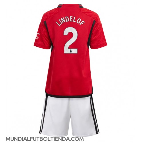Camiseta Manchester United Victor Lindelof #2 Primera Equipación Replica 2023-24 para niños mangas cortas (+ Pantalones cortos)